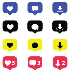 Social media icons, heart, comment, download, notification symbols, colorful design, blue, black, yellow, red, vector, UI, UX, web, mobile, app, interaction, engagement, digital, graphic, illustration