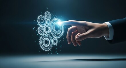 Automation and process concept. A hand touches a set of interlocking holographic gears, which start to rotate in sync, symbolizing automation.