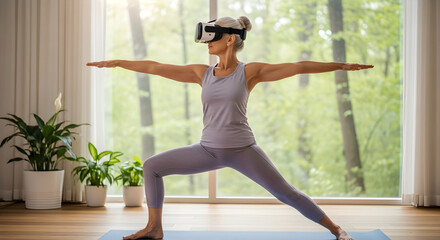 Caucasian woman practicing yoga with virtual reality headset. Fitness and meditation in virtual world. Digital wellness technology concept.