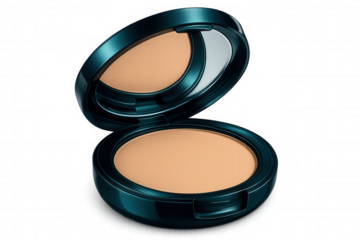 Beige face powder compact makeup case open on a transparent background, showing the pressed powder inside