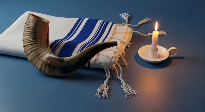 Lit candle and shofar with tallit on blue background. Jewish holiday symbols for religious celebration and spiritual reflection.