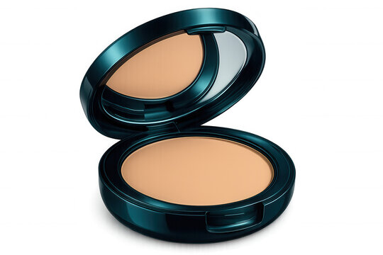 Beige face powder compact makeup case open on a transparent background, showing the pressed powder inside