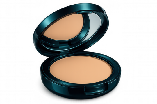 Beige face powder compact makeup case open on a transparent background, showing the pressed powder inside