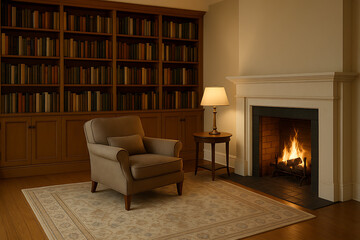 Fototapeta premium A cozy reading nook featuring a comfortable armchair, a warm fireplace, and a wall of bookshelves, creating a serene atmosphere for relaxation.