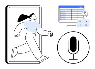 Person stepping out of smartphone, microphone icon for voice input, spreadsheet on monitor with financial value. Ideal for technology, finance, innovation, data management, mobility, communication