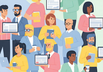A vibrant community of diverse professionals networking and working together with modern technology
