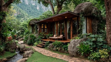 Cozy cabin nestled into lush greenery, a stream flows through the verdant landscape