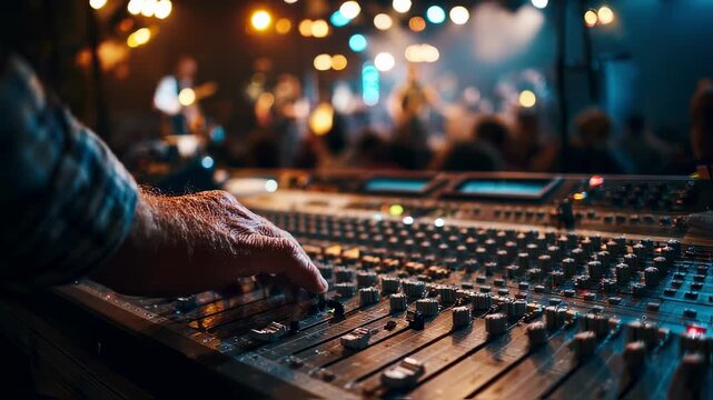 Side angle of a sound engineer manipulating faders and knobs on a professional audio mixer while observing the bands dynamic performance under stage lights.