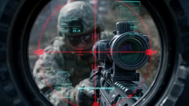 Medium shot showing an AIpowered sniper scope interface highlighting milliseconds countdown and wind adjustment markers in crisp focus with the faint outline of a stealthy marksman
