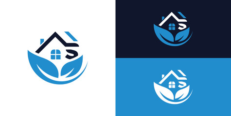 Greenhouse logo letter S, home care, simple linear house logo concept with leaves