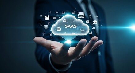 Cloud computing concept. A hand holds a clean, minimal holographic cloud icon with small data particles emerging, symbolizing cloud storage and SaaS.