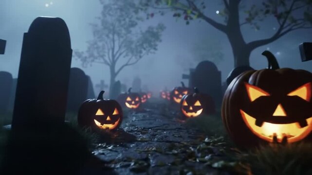 Pumpkin graveyard path &ndash; Foggy graveyard with carved pumpkins glowing along the path, creepy night lighting, cinematic movement.