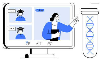 Teacher explaining DNA structure during virtual class with students displayed on video panels. Ideal for online education, genetics, e-learning, teaching, science, technology, digital transformation