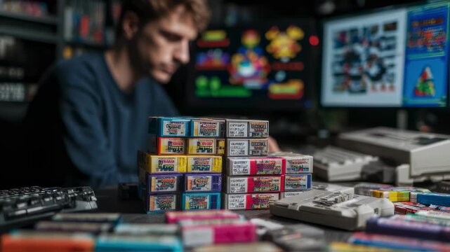 Medium shot highlighting a coders concentrated face as they pack colorful 8bit cartridge boxes on a cluttered desk with blurred oldschool keyboard and pixel art posters behind.