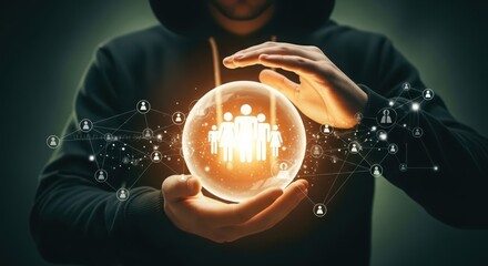 Mysterious figure in a hooded sweatshirt holding a glowing orb with digital connections and human figures within
