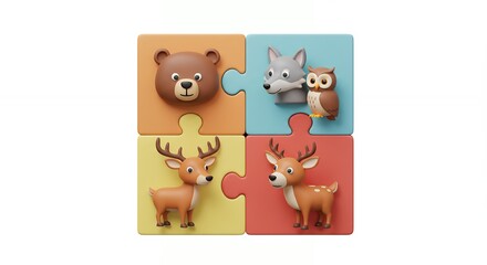 Colorful puzzle pieces with woodland animal figures