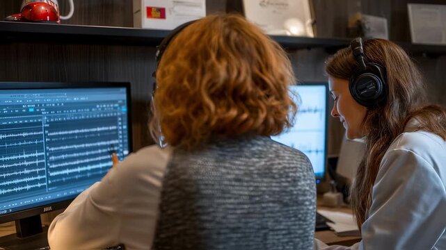Soundproof audiology clinic interior with specialist operating audiometer testing patients hearing sensitivity across different tones and documenting findings on a chart.