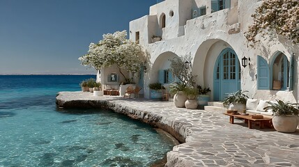 Peaceful seaside village with vibrant plant pictures