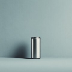 A minimalistic image featuring a silver can against a muted blue background, emphasizing simplicity and modern design.