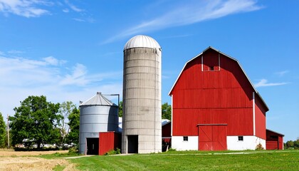 Countryside farm scene with red barn and silos