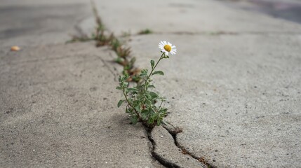 A delicate flower grows through a crack in the concrete, symbolizing resilience and beauty in an urban landscape.