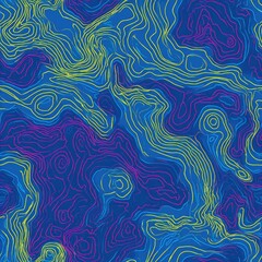 A vibrant, layered abstract pattern with flowing lines in yellow, pink, and cyan on blue