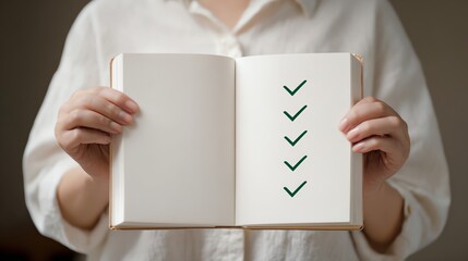 A person holds an open book with checkmarks on a blank page, symbolizing tasks completed or goals achieved.