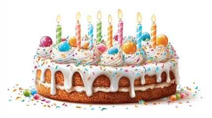 Festive layer cake with cream, sprinkles, colorful gumdrops, and lit candles on a white background