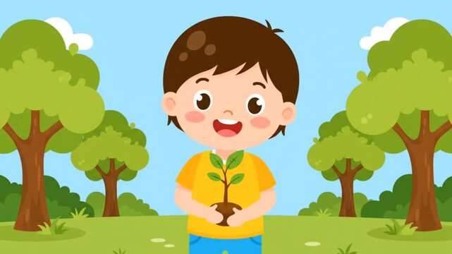 Happy Boy Planting a Sapling in Lush Green Park Cartoon Illustration
