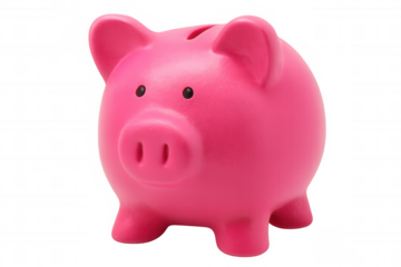 Ceramic pink piggy bank representing financial planning, sitting on clean transparent surface, highlighting money management concept