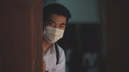 A young man wearing a mask peeks through a doorway, conveying a sense of curiosity and caution in a dimly lit environment.