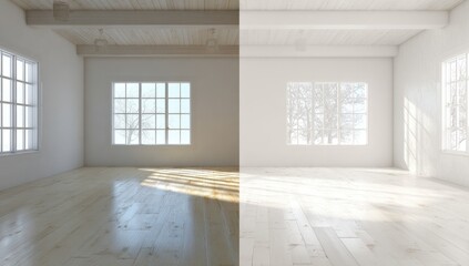 Obraz premium Split image showing a bright, minimalist empty room with hardwood floors, large windows, and exposed wood beams, contrasted with a desaturated version