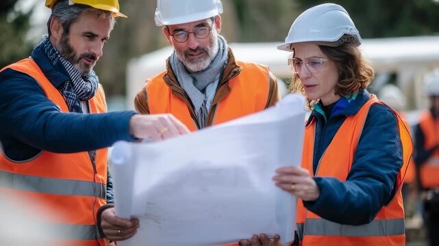 Experienced quantity surveyor discussing budget estimates and material quantities with architects and engineers in a temporary site office environment.