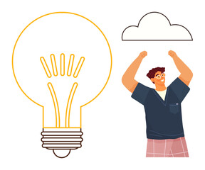 Man raising arms joyfully next to large light bulb outline and cloud. Ideal for creativity, innovation, brainstorming, ideas, success, problem-solving, positive thinking. Simple flat metaphor