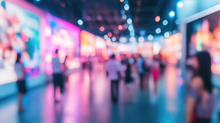 Blurred Gallery Walk: A vibrant scene inside an art gallery, with a softly focused effect. Showcasing a gentle dance of light and color, the atmosphere is both immersive and contemplative. 