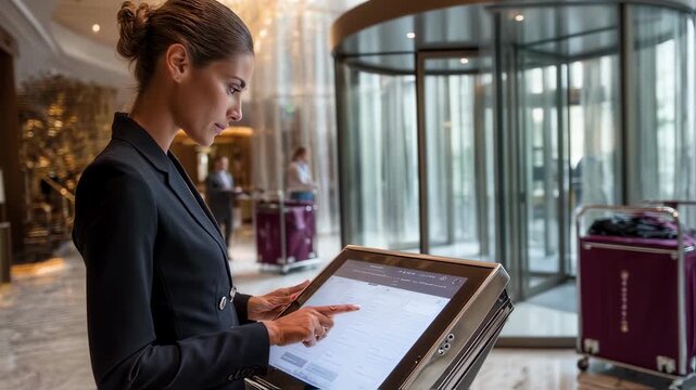 Professional hotel manager checks reservation details on a modern touchscreen while bellhop carts stand ready near revolving glass doors in an opulent lobby setting.