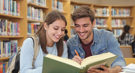 Students Collaborating on Textbook, Library Study Session, Collaborative Learning, Academic Success, Bookworms