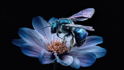 Iridescent blue bee meticulously pollinating a soft lavender dahlia blossom against a stark black background