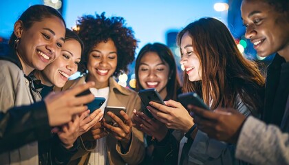 A diverse group of young people stand in a circle outdoors, each engrossed in their smartphones, with a bright blue sky and green grass visible.