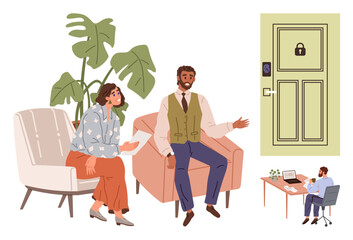 Two professionals discussing ideas in an office, one seated at a desk, with a focus on a locked door signifying security. Ideal for teamwork, communication, business strategies, home security