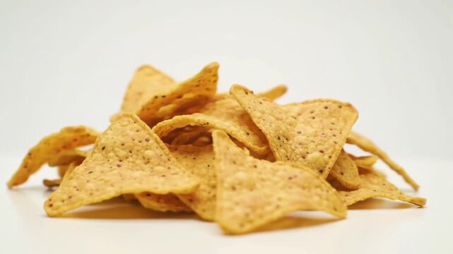 Pile of Crispy Salted Corn Tortilla Chips on White Background