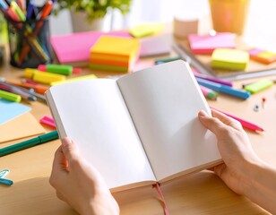 Blank Notebook Held Open on Wooden Desk with Colorful Stationery