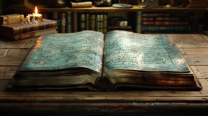 Obraz premium Ancient Tome: A Mystical Open Book on Wooden Table
