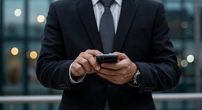A businessman in a formal black suit and tie uses his smartphone. Close-up on hands holding the device, suggesting technology, communication, and modern business.
