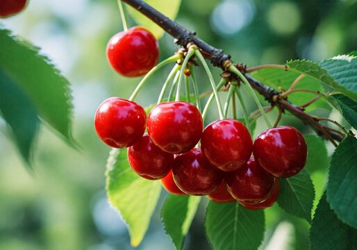 A close-up of a bunch of ripe, red cherries hanging from a branch with green leaves. This vibrant image represents fresh fruit, summer harvest, healthy eating, and the beauty of nature.