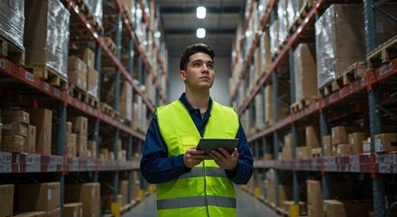 A focused male warehouse worker uses a tablet to manage inventory in a large distribution center. This image represents modern logistics, e-commerce, and a professional supply chain career.