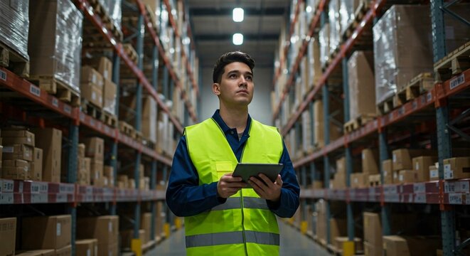A focused male warehouse worker uses a tablet to manage inventory in a large distribution center. This image represents modern logistics, e-commerce, and a professional supply chain career.