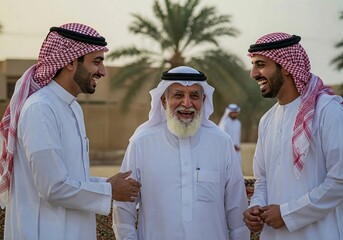 A warm moment shared by three generations of Arab men in traditional attire, laughing outdoors with palm trees in the background. This image represents heritage, family values, and Middle Eastern cult