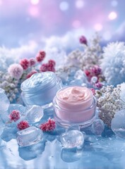 Two jars of cream, light blue and pink, nestled amongst ice cubes and delicate, pastel flowers on a frosty, ethereal background