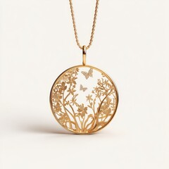 A round gold necklace with intricate floral and butterfly designs, suspended from a chain
